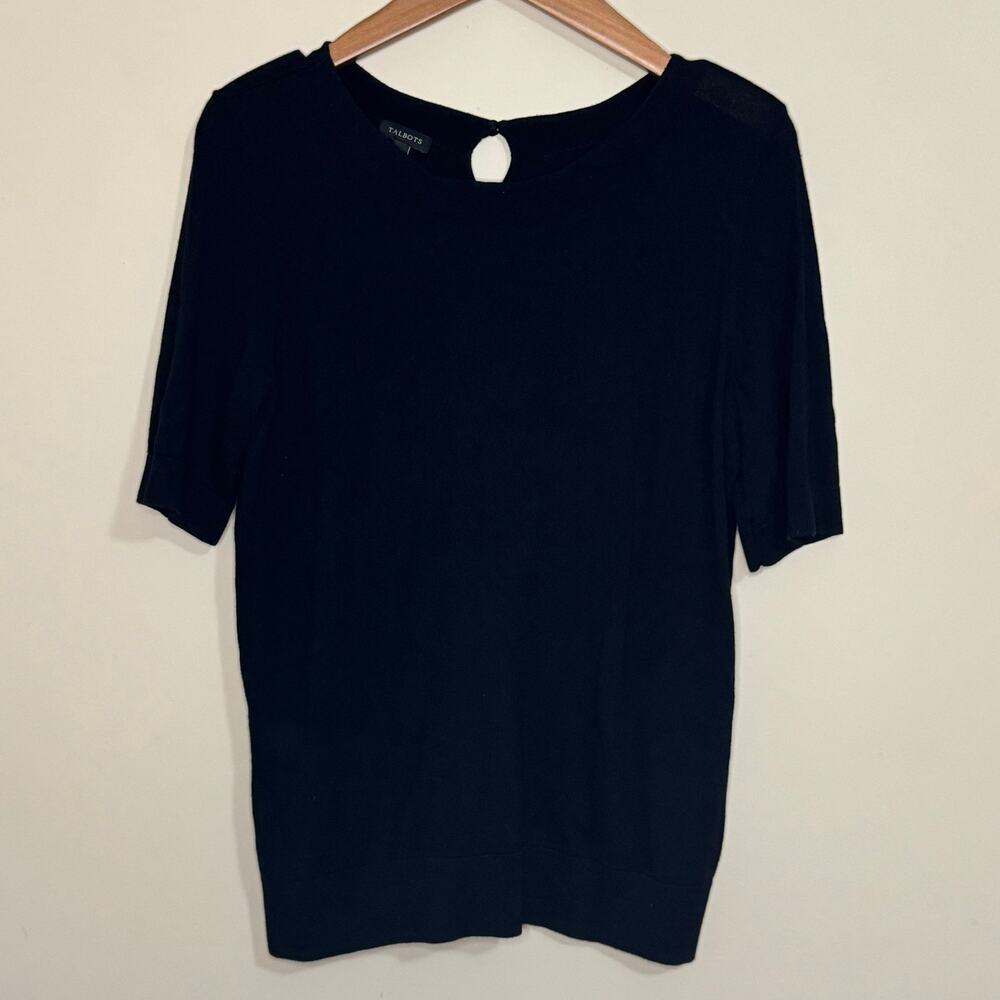 Talbots Knit Top Women's Medium Black Career Short Sleeve Cotton & Rayon Blouse